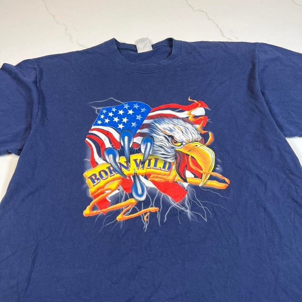 Tee Jays T-Shirt Mens Large Navy Born Wild Eagle American Flag Vintage Style